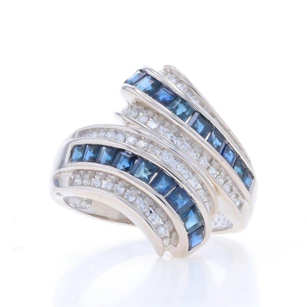 White Gold Sapphire Diamond Cluster Cocktail Bypass Ring - 14k Square 1.62ctw St